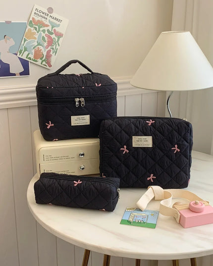3 Piece Bow Quilted Cloth Storage Bag Set Black One Size