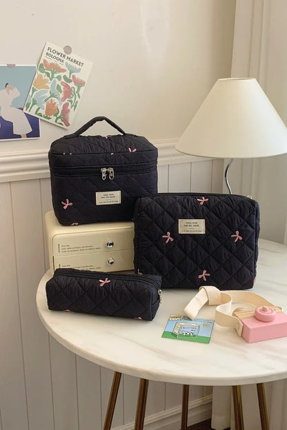 3 Piece Bow Quilted Cloth Storage Bag Set Black One Size