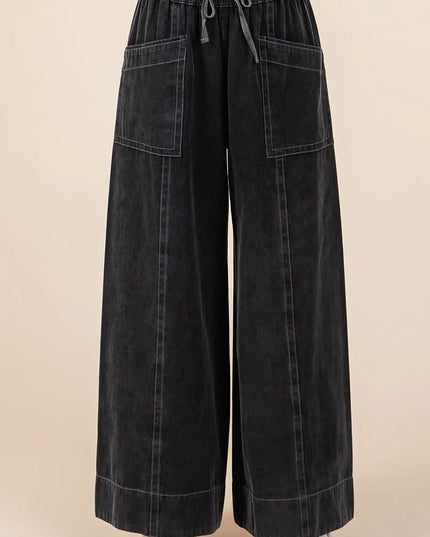 Mittoshop Mineral Wash Wide Leg Elastic Waist Twill Pants BLACK
