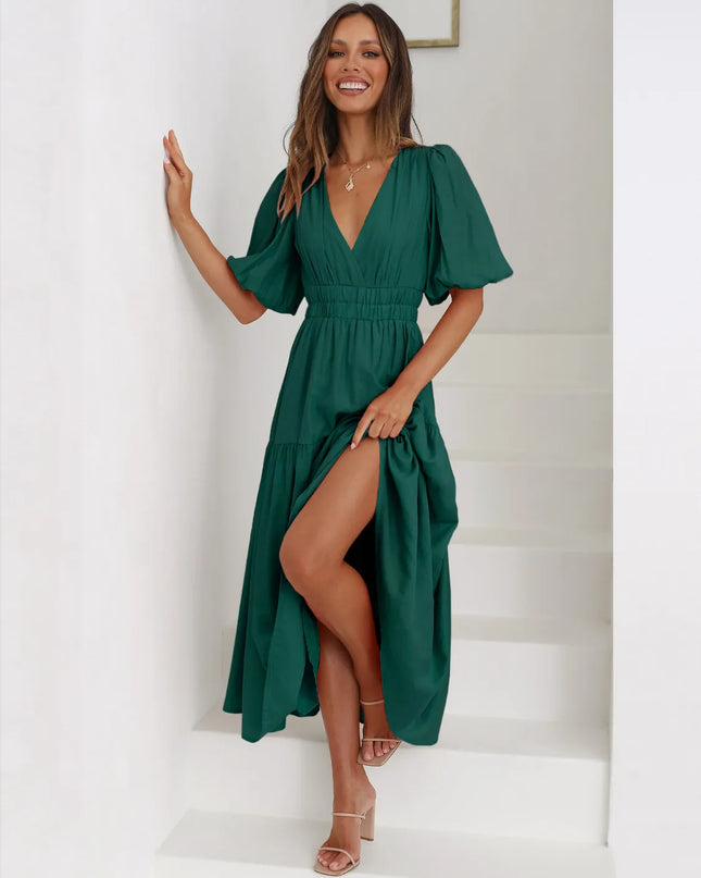 Tiered Surplice Half Sleeve Midi Dress Dark Green