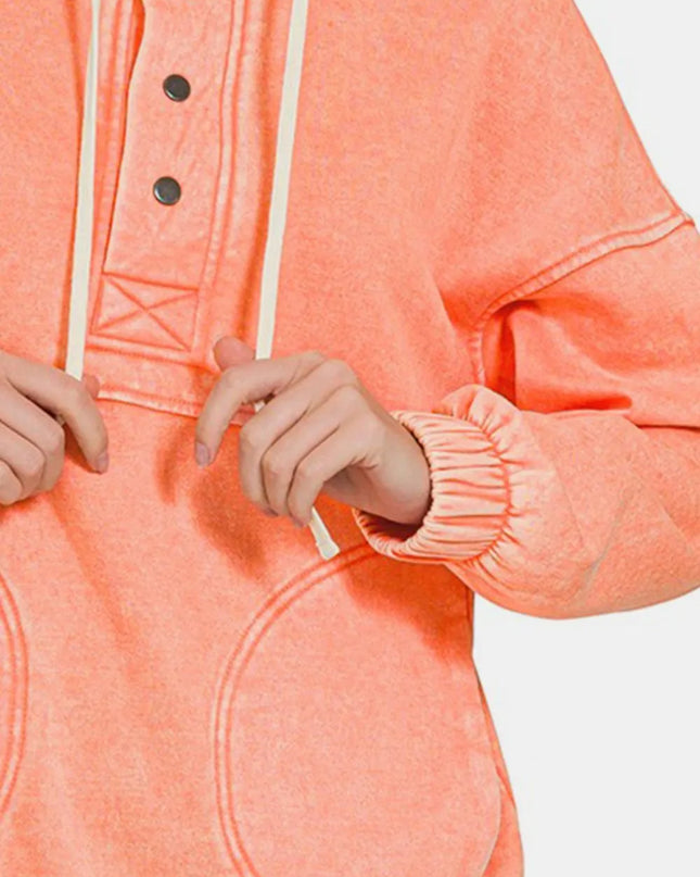 Zenana Drawstring Half Snap Dropped Shoulder Hoodie