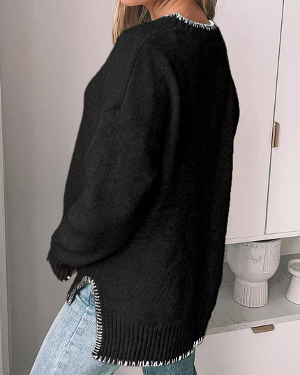 Slit Contrast Trim Round Neck Sweater