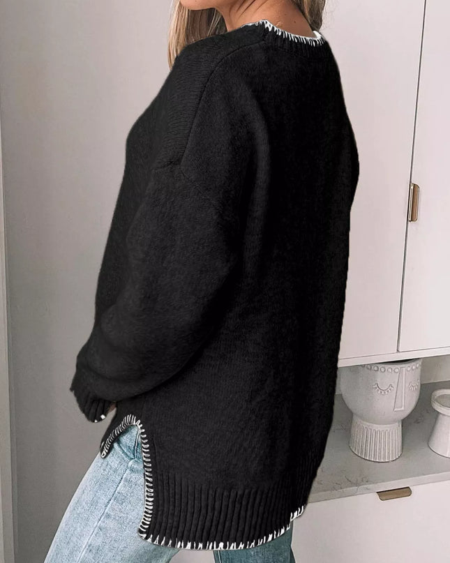 Slit Contrast Trim Round Neck Sweater