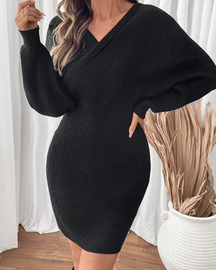 Perfee Surplice Long Sleeve Sweater Dress