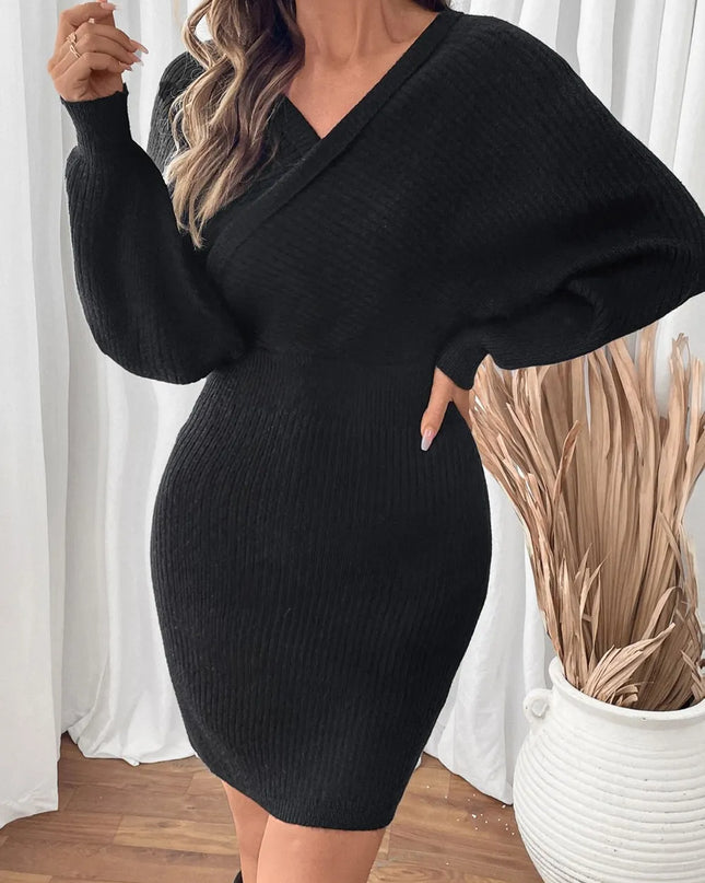 Perfee Surplice Long Sleeve Sweater Dress