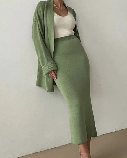 Pocketed Long Sleeve Cardigan and Skirt Sweater Set