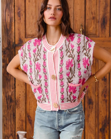 SO ME Button Front Floral and Stripe Knitted Sweater Vest PINK COMBO