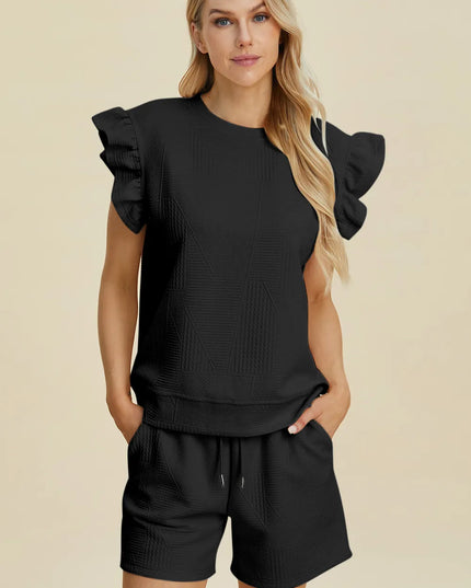 Double Take Full Size Texture Round Neck Ruffle Sleeve Top and Shorts Set Black