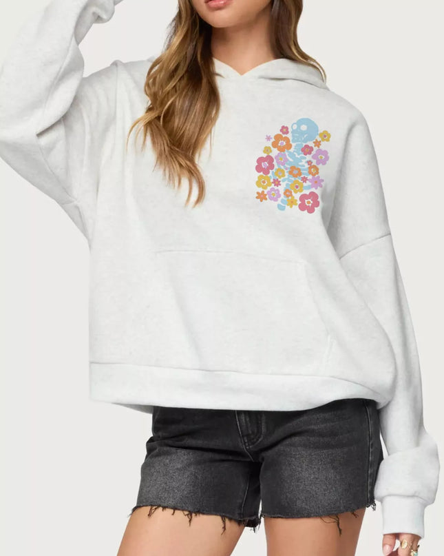 Drop Shoulder Graphic Hoodie with Kangaroo Pocket Flower