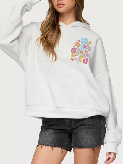 Drop Shoulder Graphic Hoodie with Kangaroo Pocket Flower