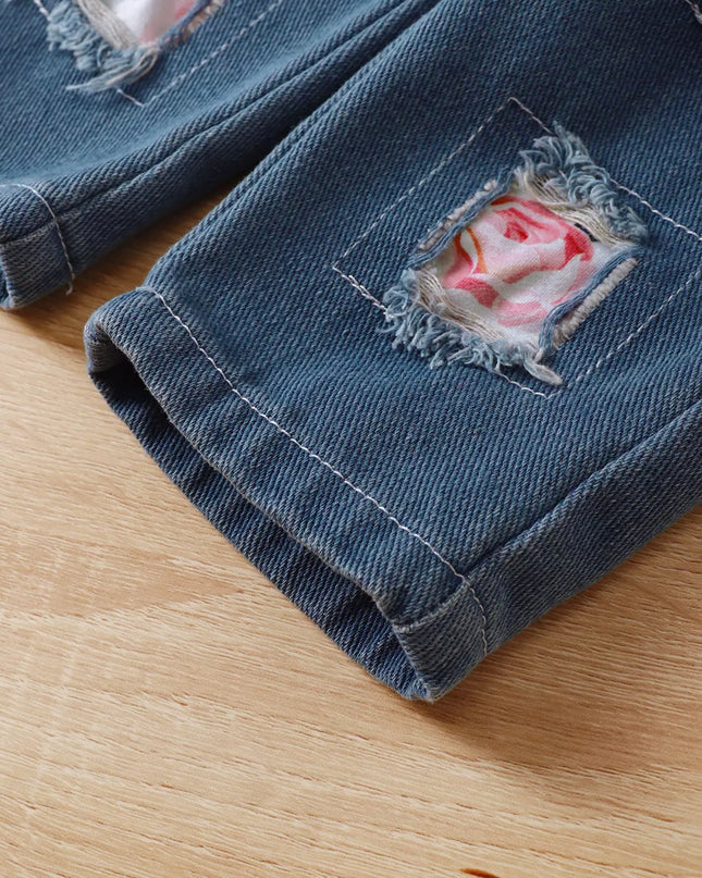 Children's Floral Ruffle Trim Top & Distressed Jeans Set