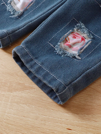 Children's Floral Ruffle Trim Top & Distressed Jeans Set