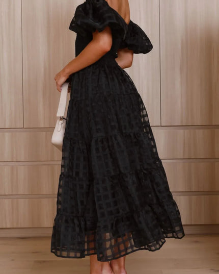 Off Shoulder Short Puff Sleeve Midi Dress