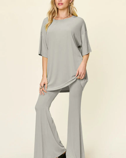 Double Take Full Size Round Neck Drop Shoulder T-Shirt and Flare Pants Set