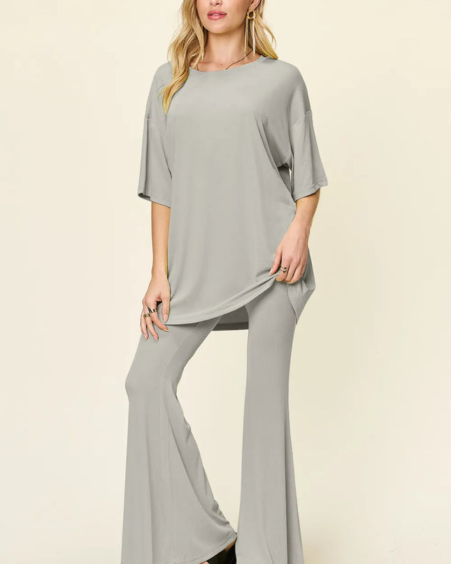 Double Take Full Size Round Neck Drop Shoulder T-Shirt and Flare Pants Set
