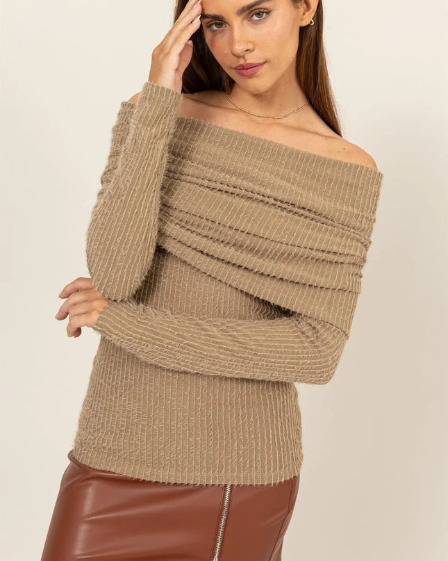HYFVE Fuzzy Off Shoulder Textured Knit Top Taupe