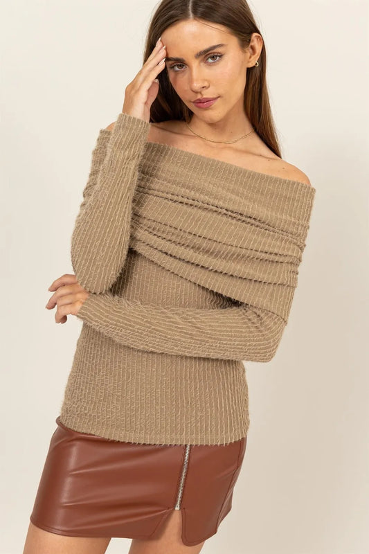 HYFVE Fuzzy Off Shoulder Textured Knit Top Taupe