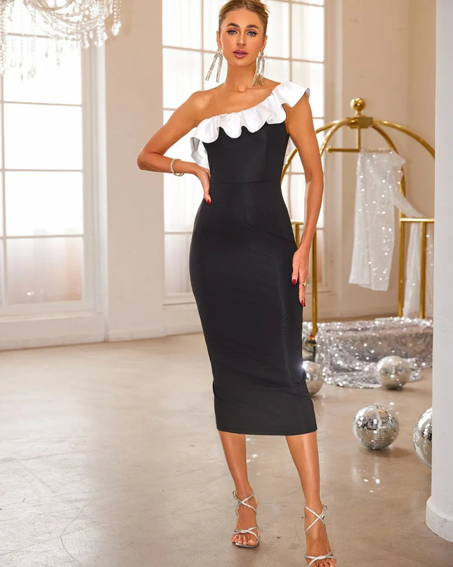 Slit Contrast Single Shoulder Midi Dress 