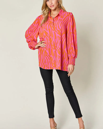 Double Take Full Size Printed Smocked Long Sleeve Blouse Plus Size