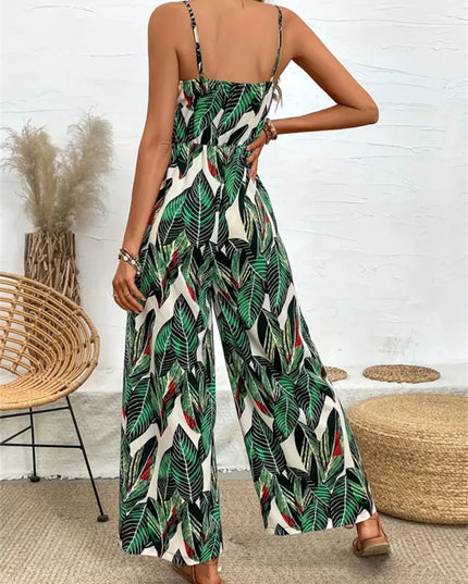 Tropical Print Spaghetti Strap Wide Leg Jumpsuit