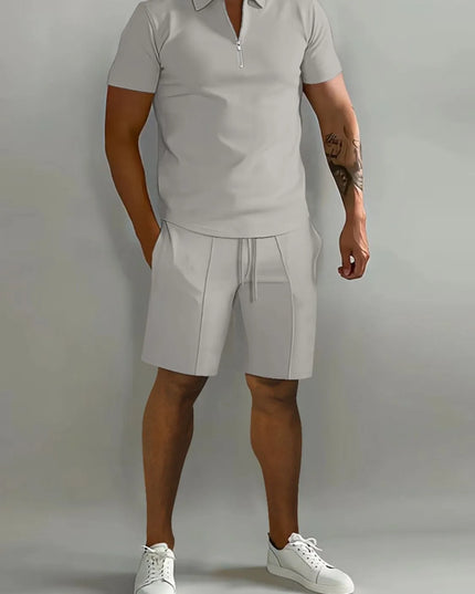Men's Full Size Collared Neck Short Sleeve Top and Shorts Set Plus Size Gray