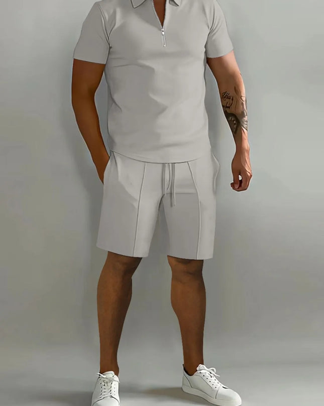 Men's Full Size Collared Neck Short Sleeve Top and Shorts Set Plus Size Gray