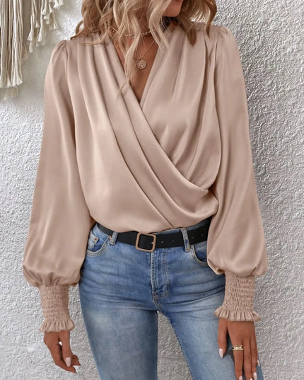 Surplice Smocked Lantern Sleeve Blouse Tan