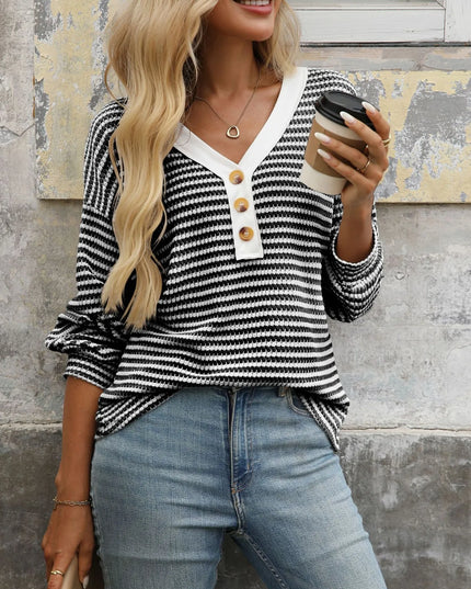 Striped V-Neck Button Front Casual Top Black