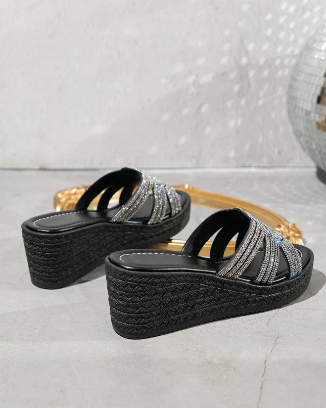 Rhinestone Embellished Open Toe Wedge Sandals 