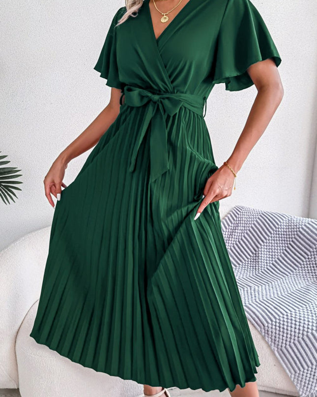 Pleated Flutter Sleeve Belted Dress Green