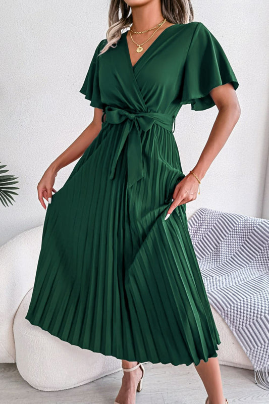 Pleated Flutter Sleeve Belted Dress Green