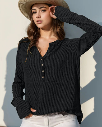 Double Take Full Size Notched Thumbhole Long Sleeve T-Shirt Black