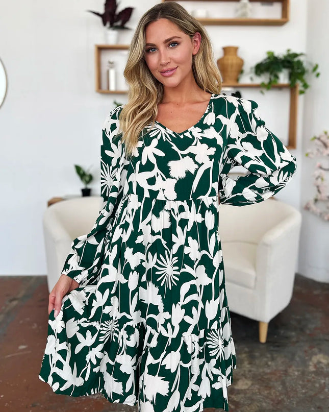 Double Take Full Size Printed Ruffle Hem Dress with Pocket