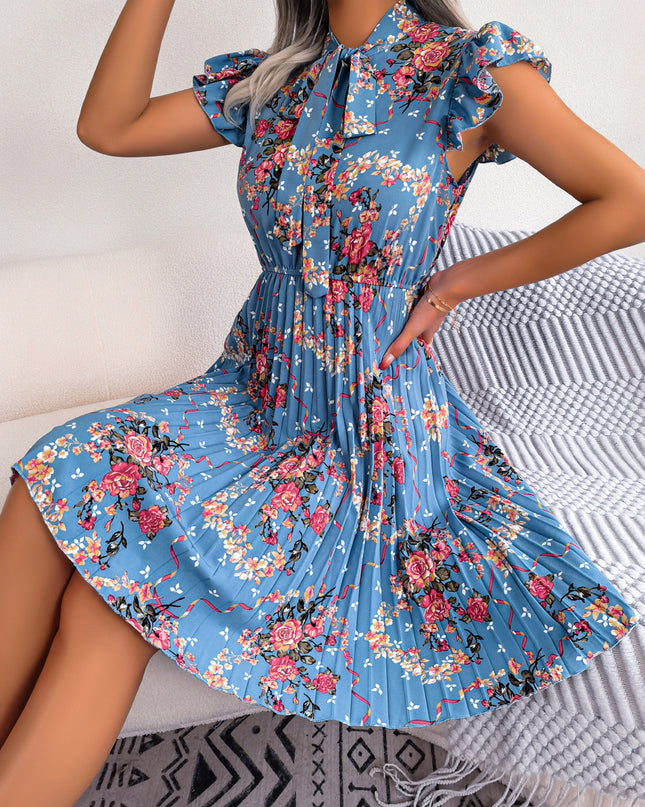 Pleated Floral Printed Tie Neck Knee Length Dress