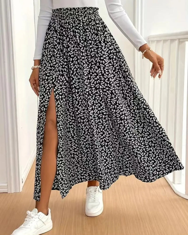 Floral Split Elastic Waist Maxi Skirt Black