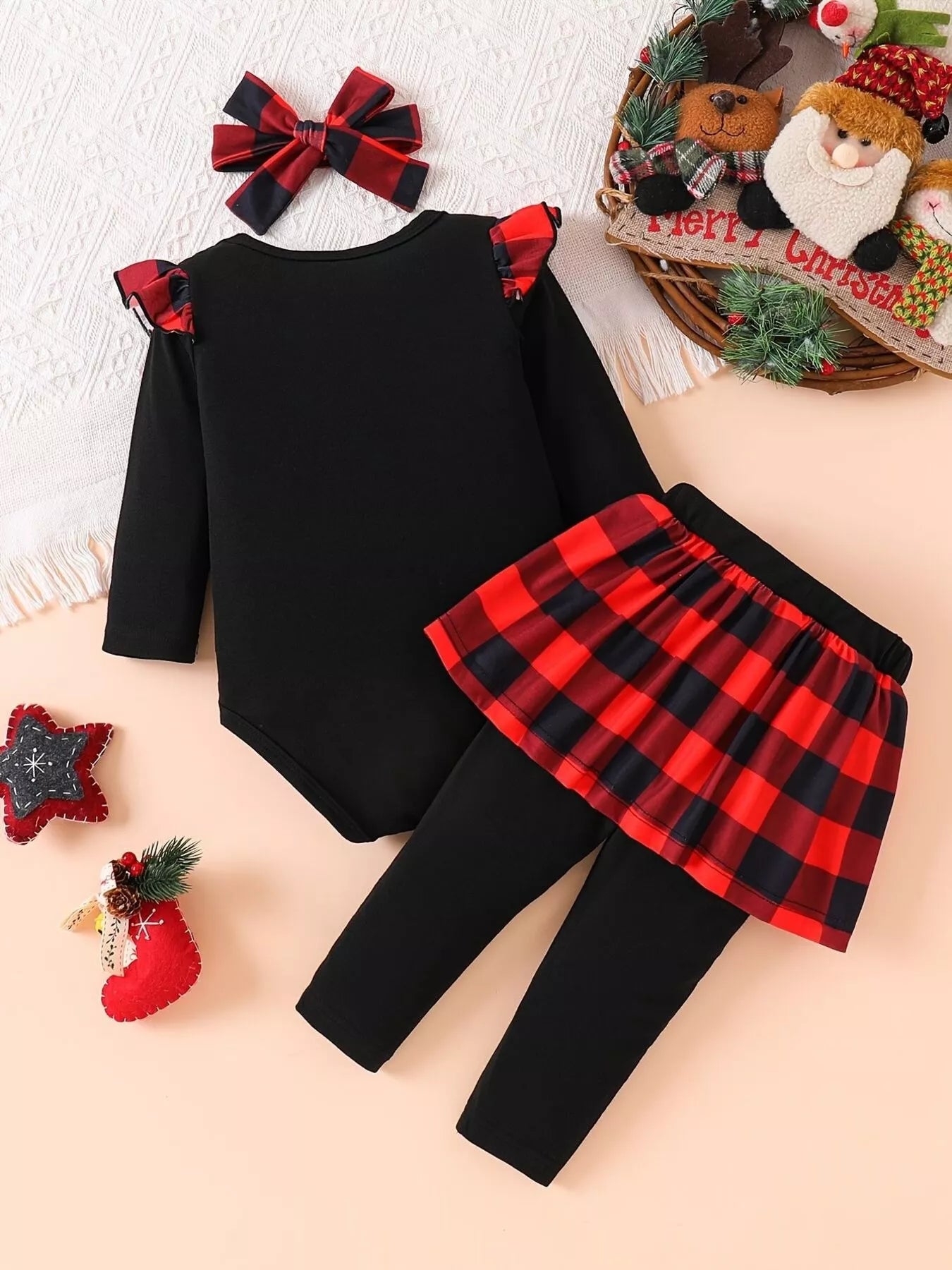Children's Christmas Bodysuit and Pants Set with Headband