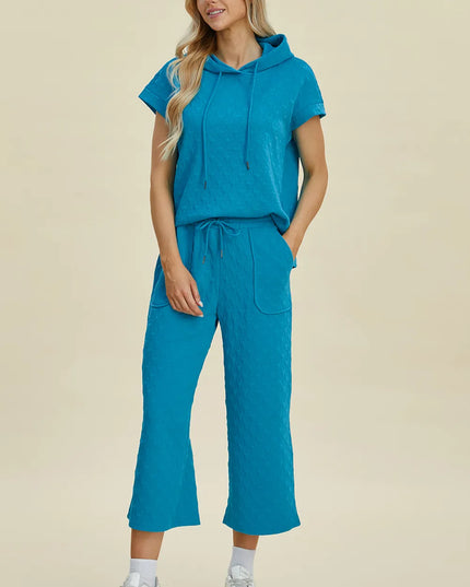 Double Take Full Size Texture Drawstring Short Sleeve Hoodie and Pocketed Pants Set