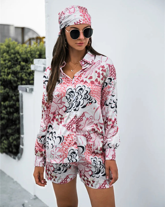 Printed Button Up Long Sleeve Shirt and Shorts Set