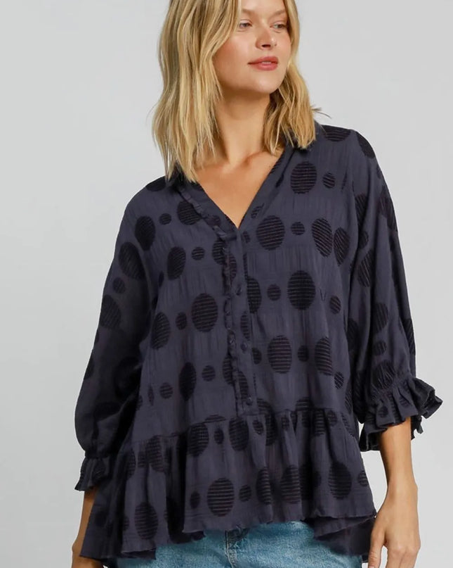 Umgee Full Size Swiss Dot Half Button Flounce Sleeve Blouse Plus Size Dark Navy