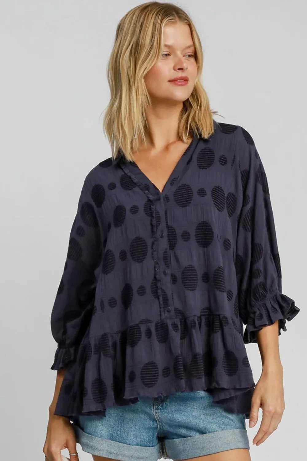 Umgee Full Size Swiss Dot Half Button Flounce Sleeve Blouse Plus Size Dark Navy