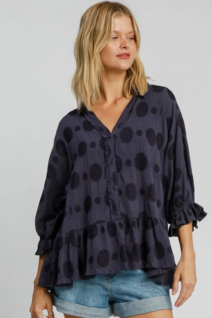 Umgee Full Size Swiss Dot Half Button Flounce Sleeve Blouse Plus Size Dark Navy