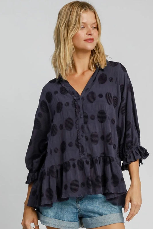 Umgee Full Size Swiss Dot Half Button Flounce Sleeve Blouse Plus Size Dark Navy