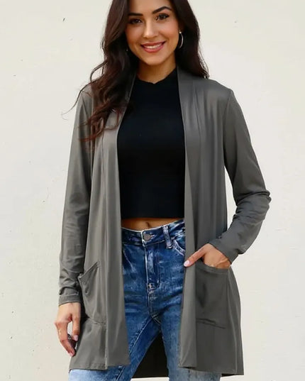 Basic Bae Full Size Open Front Long Sleeve Cardigan with Pockets Dark Gray