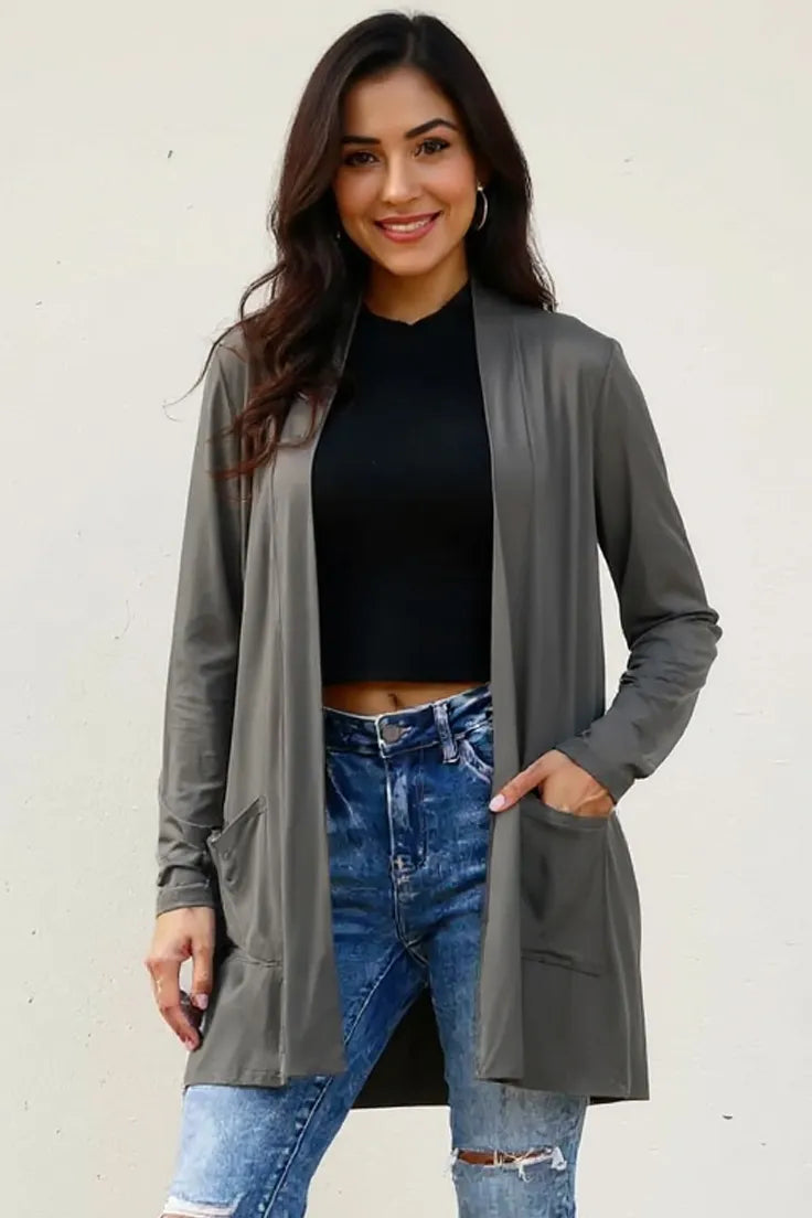 Basic Bae Full Size Open Front Long Sleeve Cardigan with Pockets Dark Gray