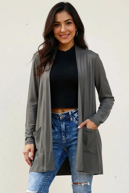 Basic Bae Full Size Open Front Long Sleeve Cardigan with Pockets Dark Gray