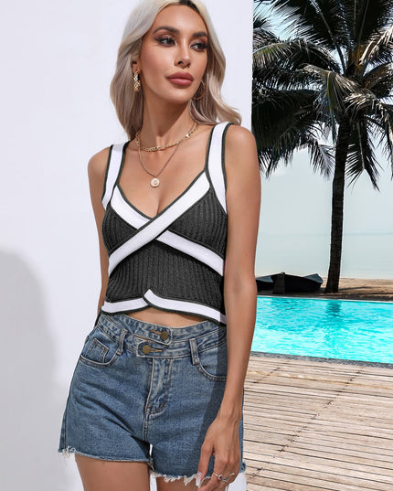 Contrast Crisscross Knit Tank Black