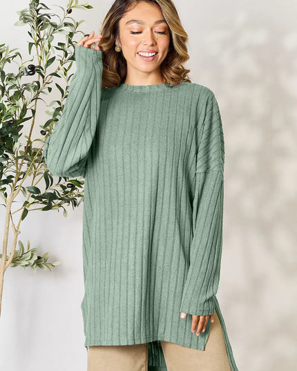 Basic Bae Full Size Ribbed Round Neck Long Sleeve Slit Top