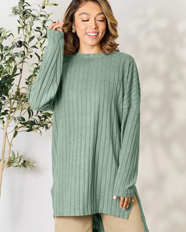 Basic Bae Full Size Ribbed Round Neck Long Sleeve Slit Top