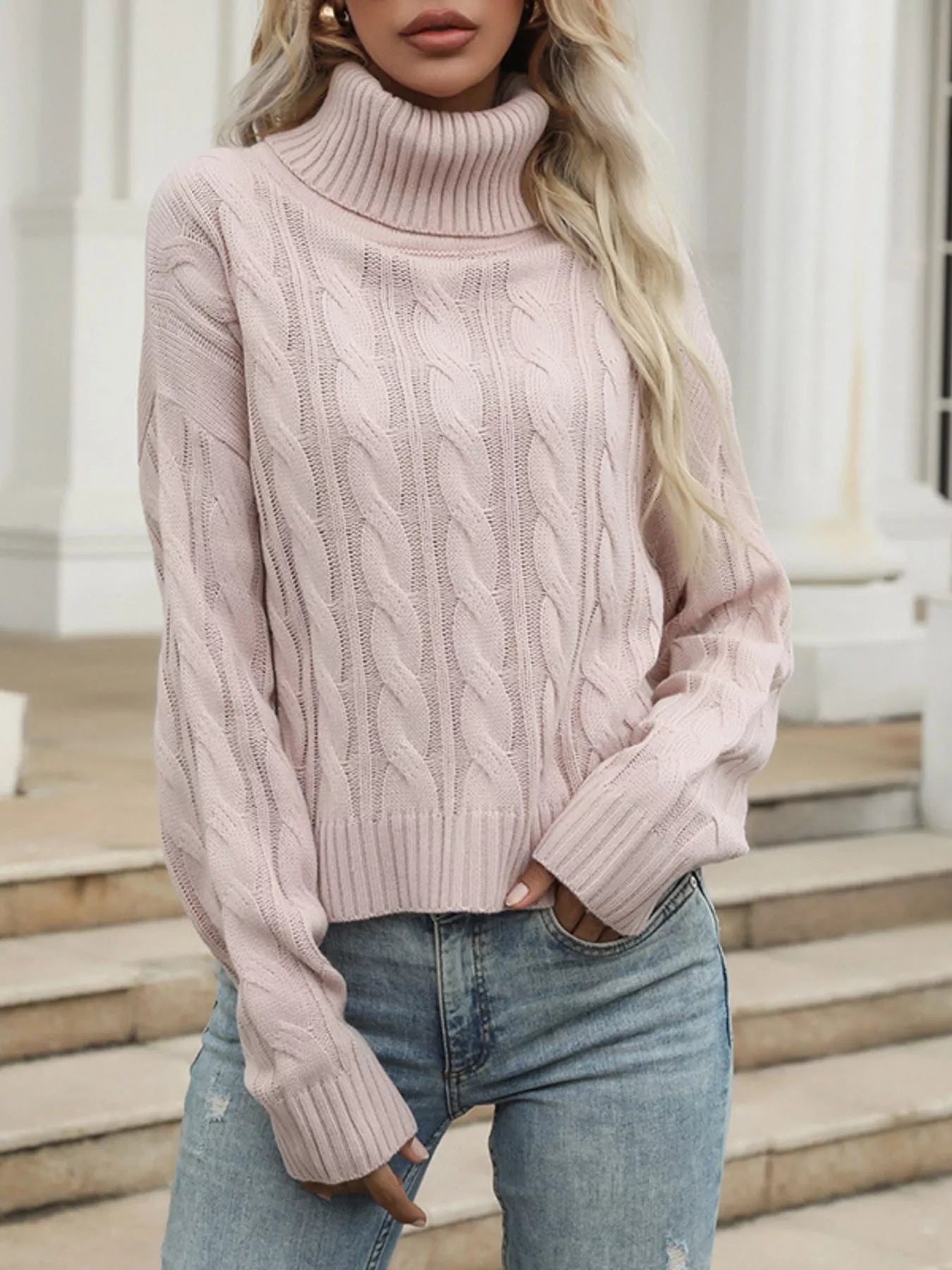 Cable Knit Turtleneck Sweater Pink