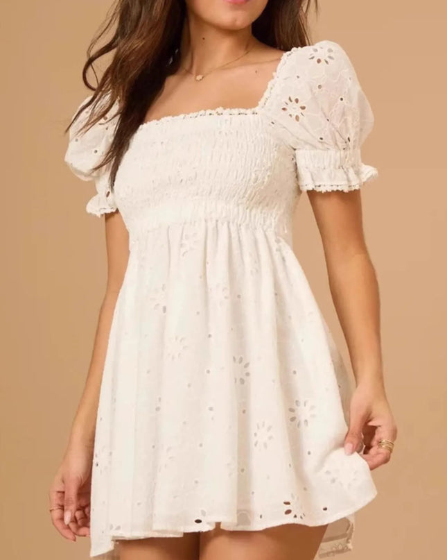 Eyelet Puff Sleeve Smocked Mini Dress White